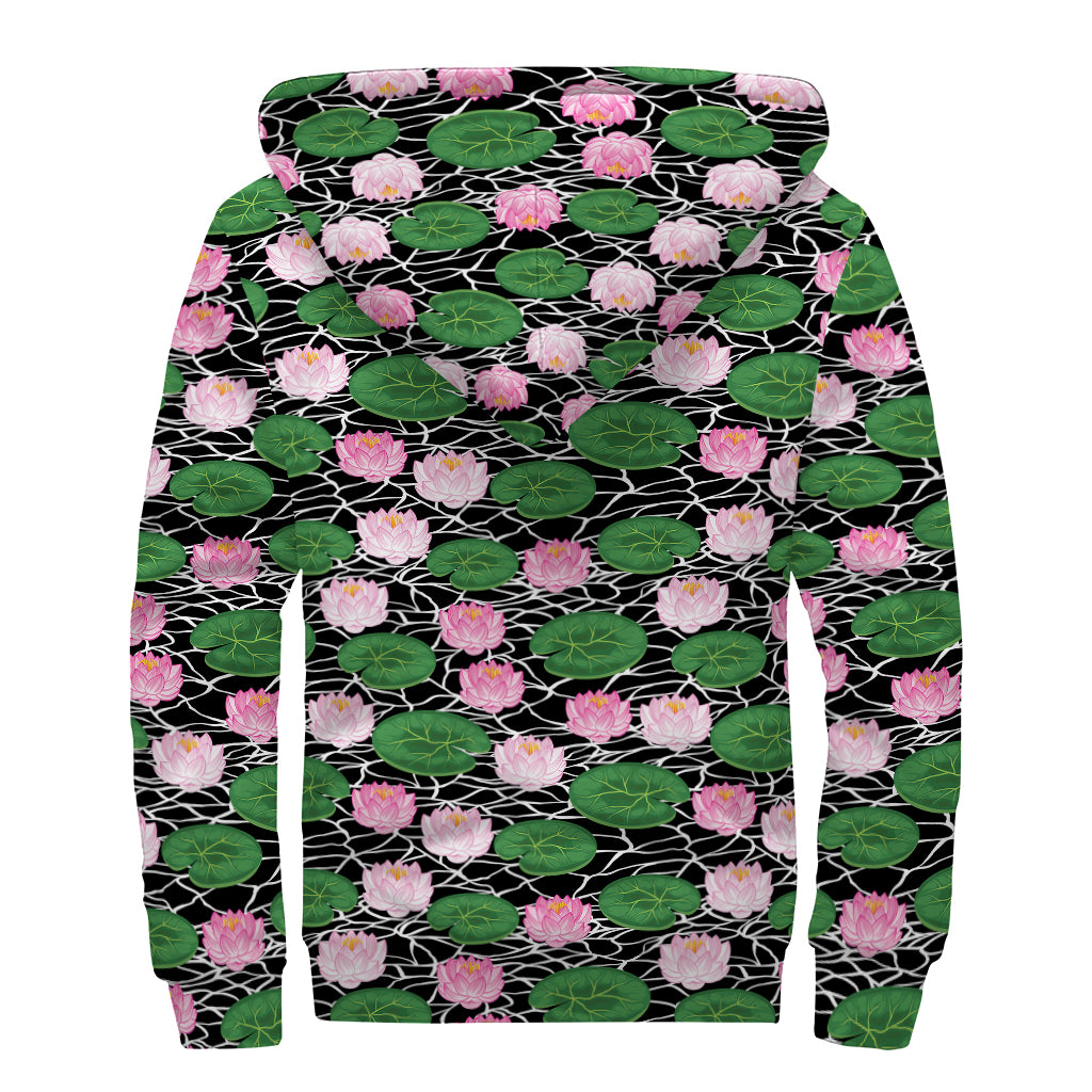 Lotus Flower And Leaf Pattern Print Sherpa Lined Zip Up Hoodie