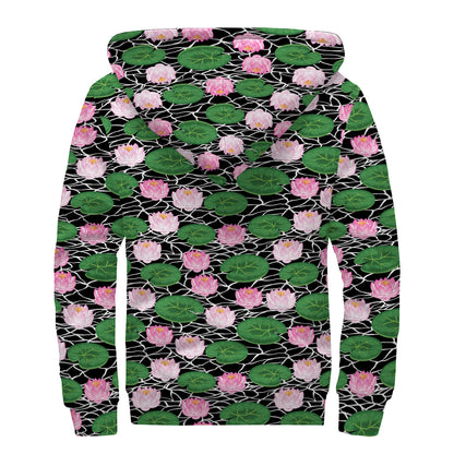Lotus Flower And Leaf Pattern Print Sherpa Lined Zip Up Hoodie