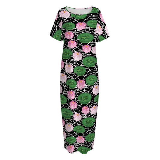 Lotus Flower And Leaf Pattern Print Short Sleeve Long Nightdress