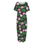 Lotus Flower And Leaf Pattern Print Short Sleeve Long Nightdress