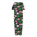 Lotus Flower And Leaf Pattern Print Short Sleeve Long Nightdress