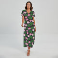 Lotus Flower And Leaf Pattern Print Short Sleeve Maxi Dress