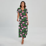 Lotus Flower And Leaf Pattern Print Short Sleeve Maxi Dress