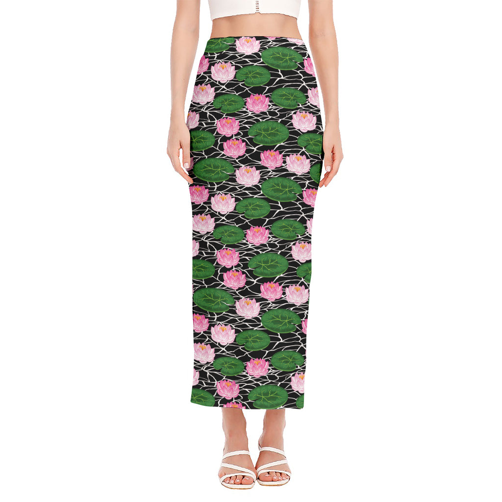 Lotus Flower And Leaf Pattern Print Side Slit Maxi Skirt