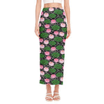 Lotus Flower And Leaf Pattern Print Side Slit Maxi Skirt