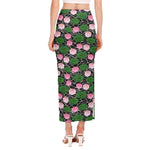 Lotus Flower And Leaf Pattern Print Side Slit Maxi Skirt