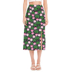 Lotus Flower And Leaf Pattern Print Side Slit Midi Skirt