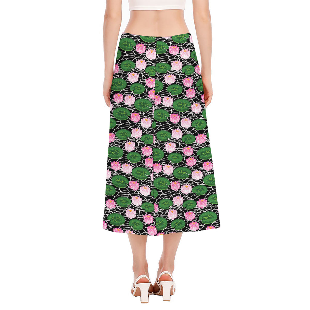 Lotus Flower And Leaf Pattern Print Side Slit Midi Skirt