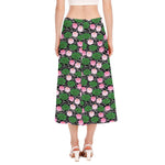 Lotus Flower And Leaf Pattern Print Side Slit Midi Skirt