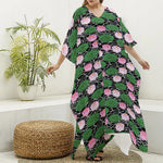 Lotus Flower And Leaf Pattern Print Silk V-Neck Kaftan Dress