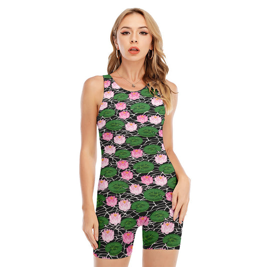 Lotus Flower And Leaf Pattern Print Sleeveless One Piece Swimsuit
