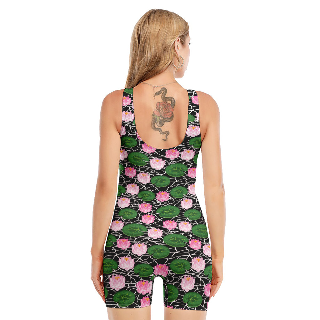 Lotus Flower And Leaf Pattern Print Sleeveless One Piece Swimsuit