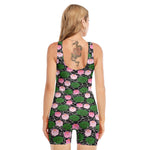 Lotus Flower And Leaf Pattern Print Sleeveless One Piece Swimsuit
