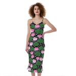 Lotus Flower And Leaf Pattern Print Slim Fit Midi Cami Dress