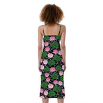 Lotus Flower And Leaf Pattern Print Slim Fit Midi Cami Dress