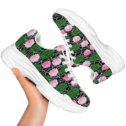 Lotus Flower And Leaf Pattern Print White Chunky Shoes
