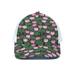 Lotus Flower And Leaf Pattern Print White Mesh Trucker Cap