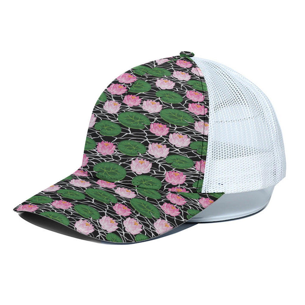 Lotus Flower And Leaf Pattern Print White Mesh Trucker Cap