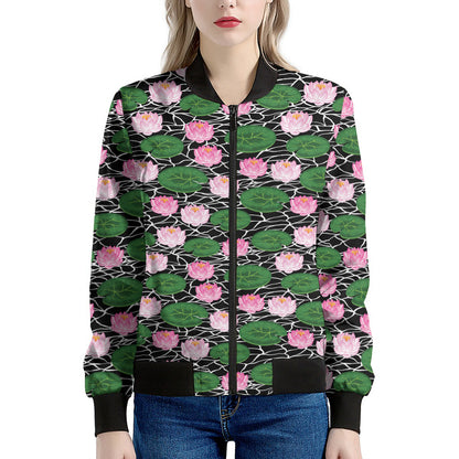 Lotus Flower And Leaf Pattern Print Women's Bomber Jacket