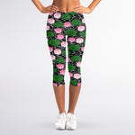 Lotus Flower And Leaf Pattern Print Women's Capri Leggings