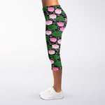 Lotus Flower And Leaf Pattern Print Women's Capri Leggings