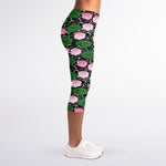 Lotus Flower And Leaf Pattern Print Women's Capri Leggings