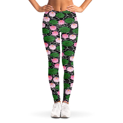 Lotus Flower And Leaf Pattern Print Women's Leggings