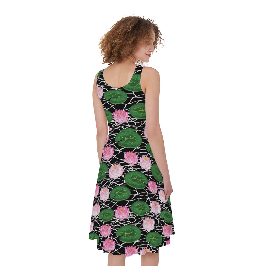 Lotus Flower And Leaf Pattern Print Women's Sleeveless Dress