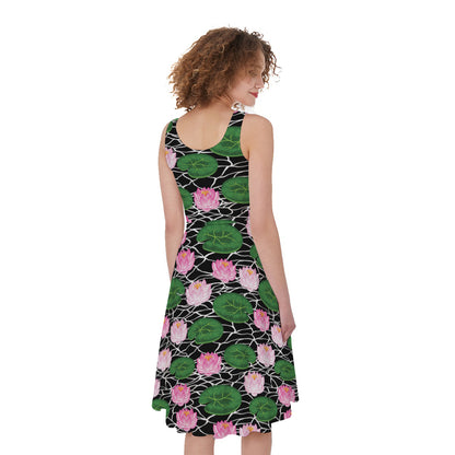 Lotus Flower And Leaf Pattern Print Women's Sleeveless Dress