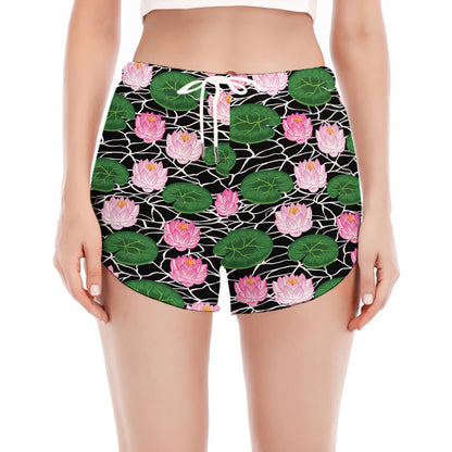 Lotus Flower And Leaf Pattern Print Women's Split Running Shorts