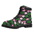 Lotus Flower And Leaf Pattern Print Padded Collar Lace Up Boots