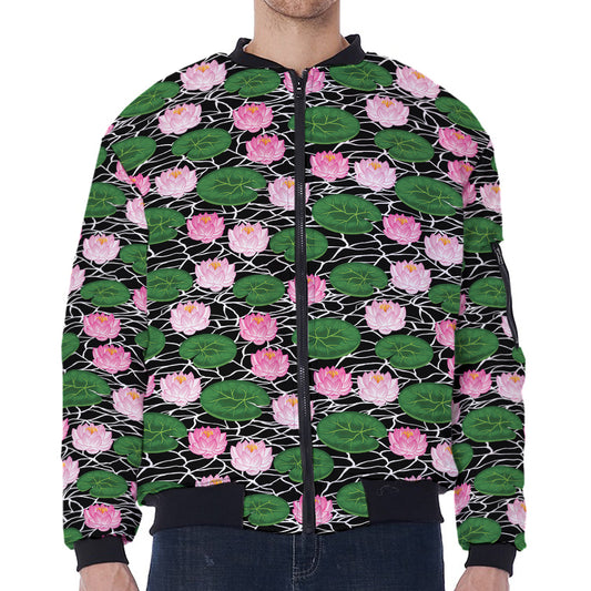 Lotus Flower And Leaf Pattern Print Zip Sleeve Bomber Jacket