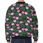 Lotus Flower And Leaf Pattern Print Zip Sleeve Bomber Jacket