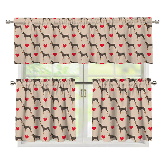 Love Dobermann Pattern Print 3 Piece Kitchen Curtains