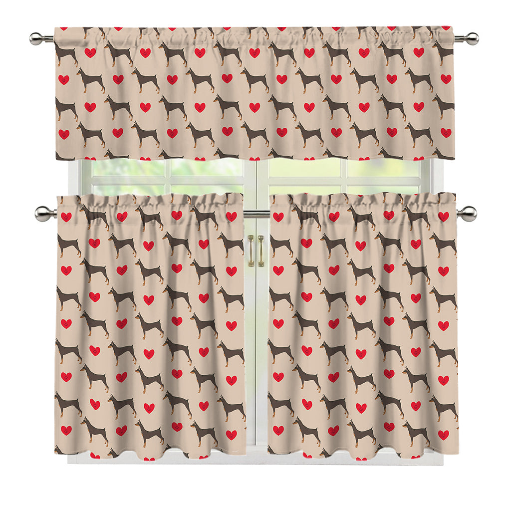 Love Dobermann Pattern Print 3 Piece Kitchen Curtains