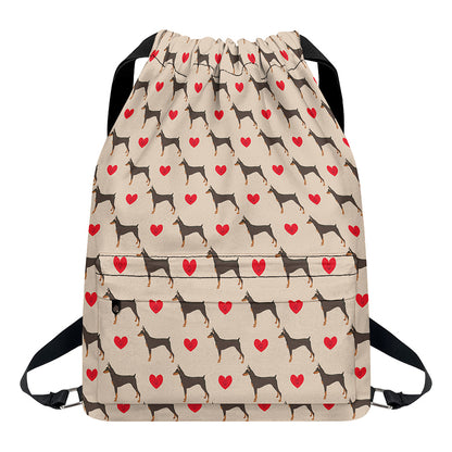 Love Dobermann Pattern Print Drawstring Backpack
