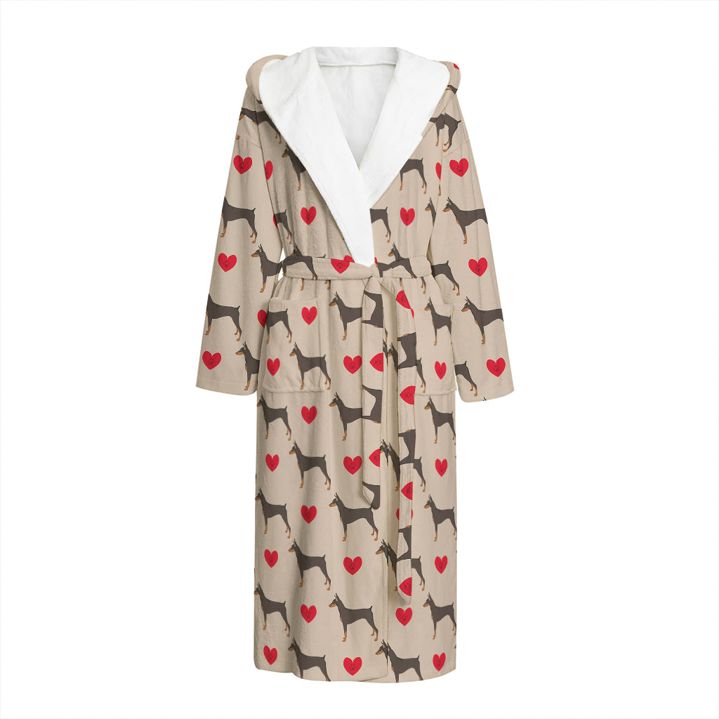 Love Dobermann Pattern Print Hooded Bathrobe