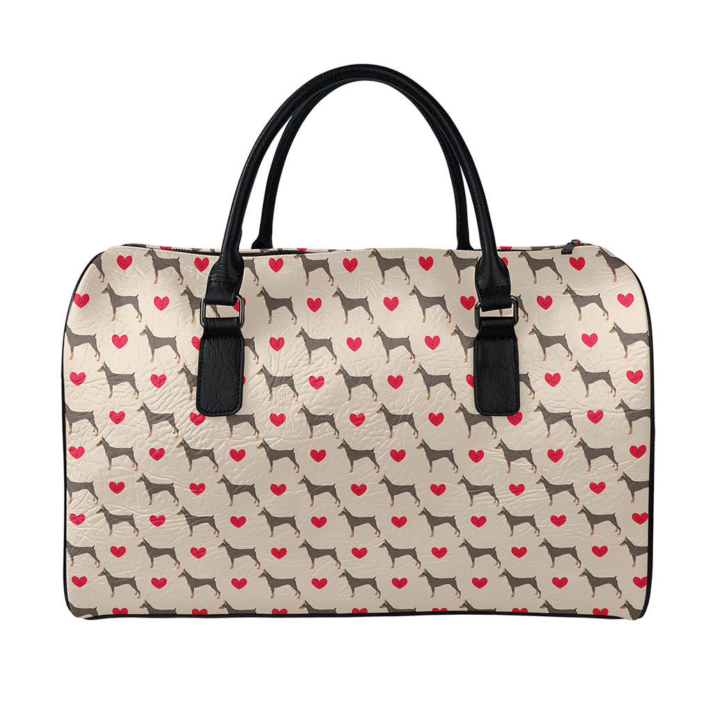 Love Dobermann Pattern Print Leather Duffle Bag