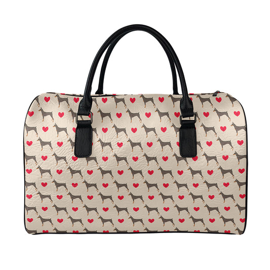 Love Dobermann Pattern Print Leather Duffle Bag