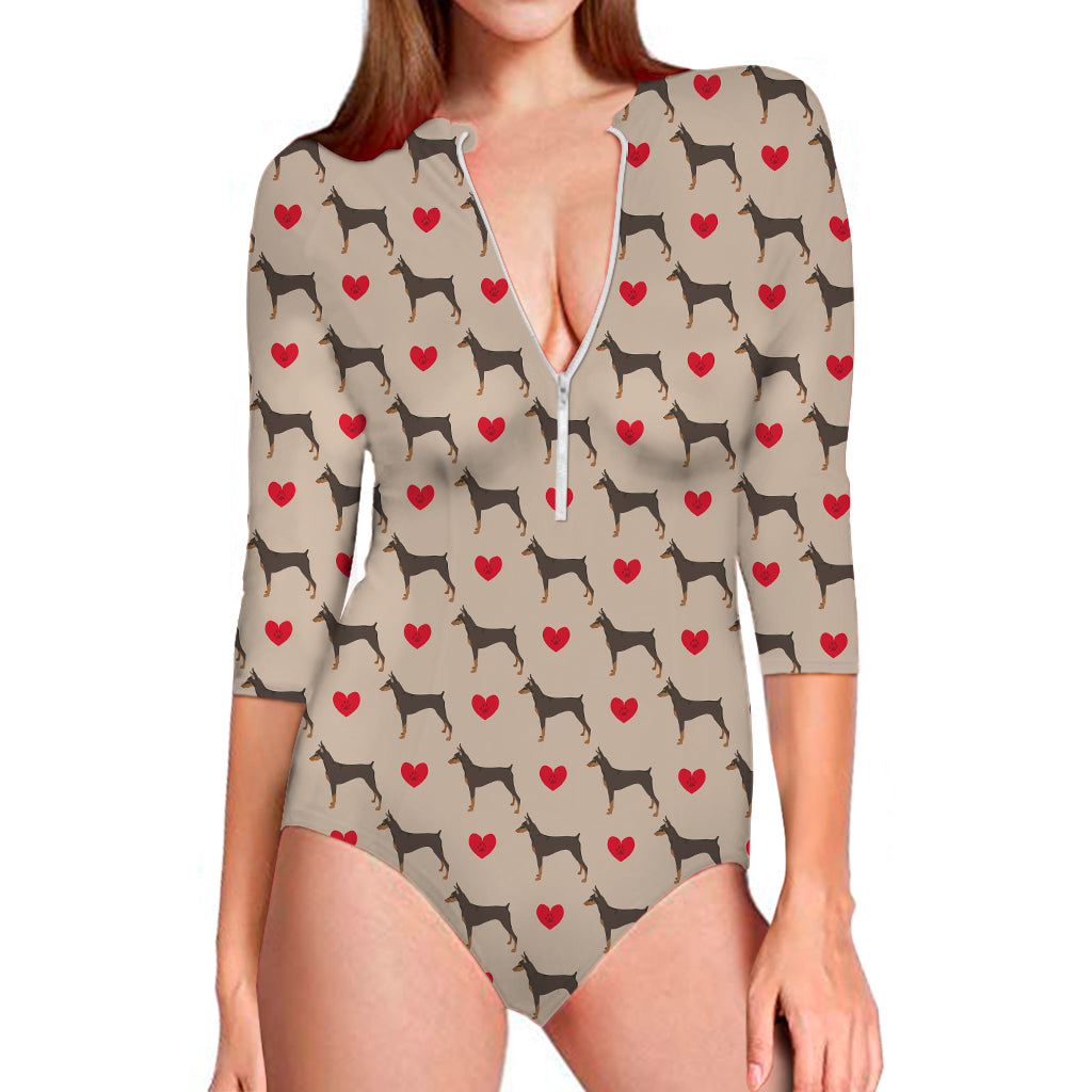 Love Dobermann Pattern Print Long Sleeve Swimsuit