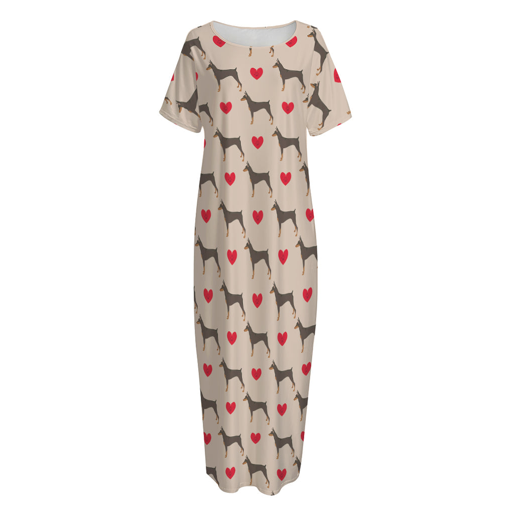 Love Dobermann Pattern Print Short Sleeve Long Nightdress