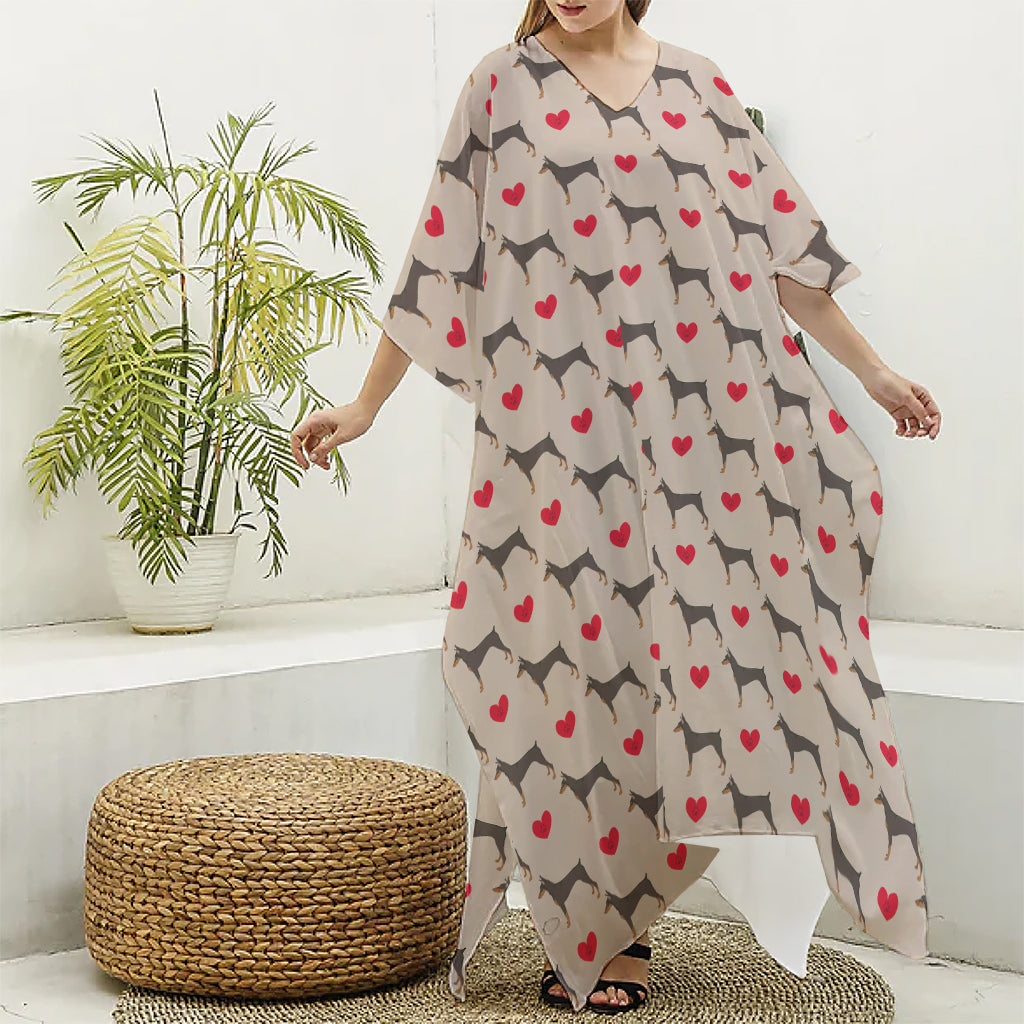 Love Dobermann Pattern Print Silk V-Neck Kaftan Dress