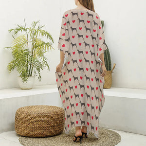 Love Dobermann Pattern Print Silk V-Neck Kaftan Dress