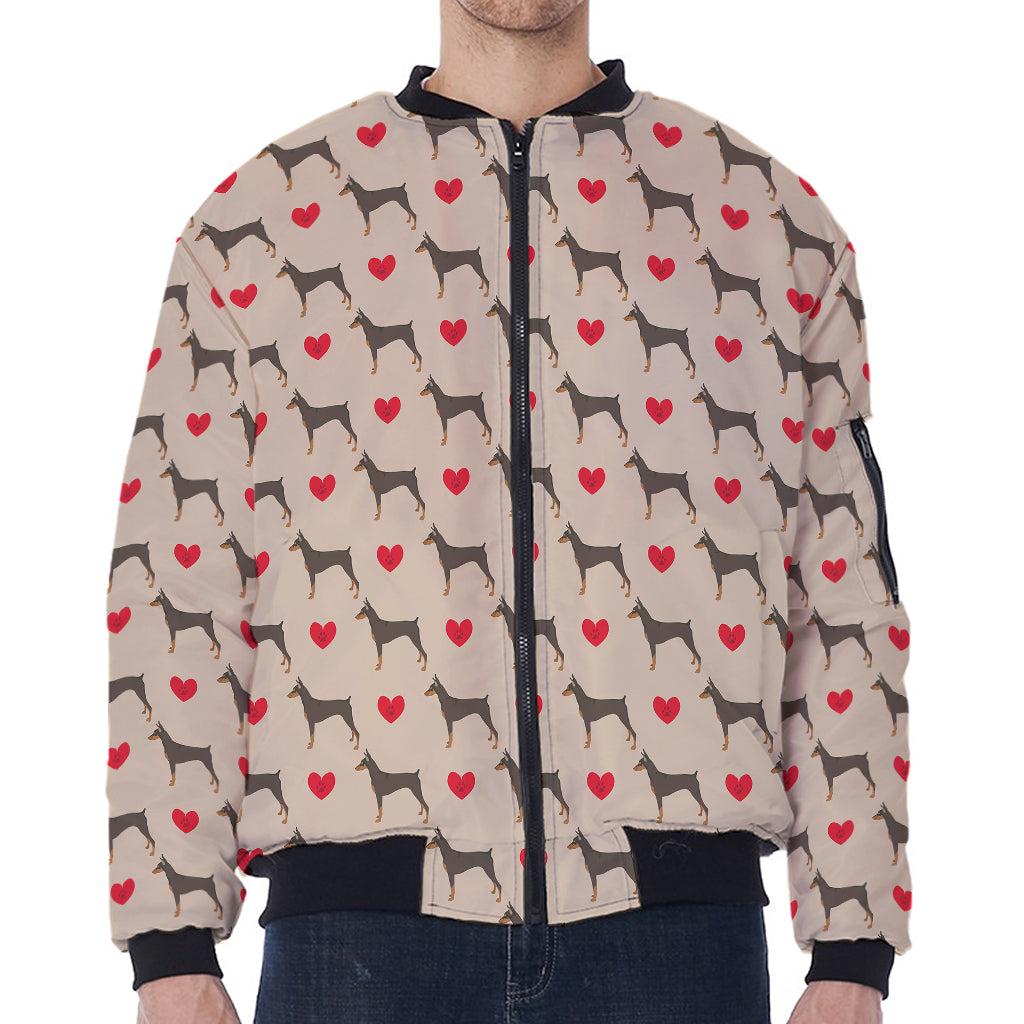 Love Dobermann Pattern Print Zip Sleeve Bomber Jacket