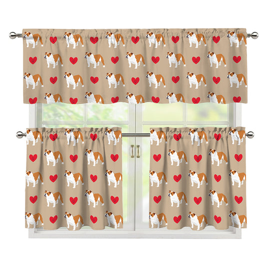 Love English Bulldog Pattern Print 3 Piece Kitchen Curtains