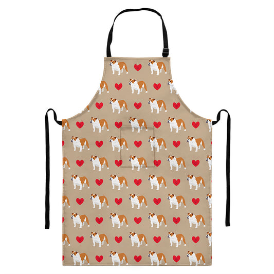 Love English Bulldog Pattern Print Bib Apron With Pocket