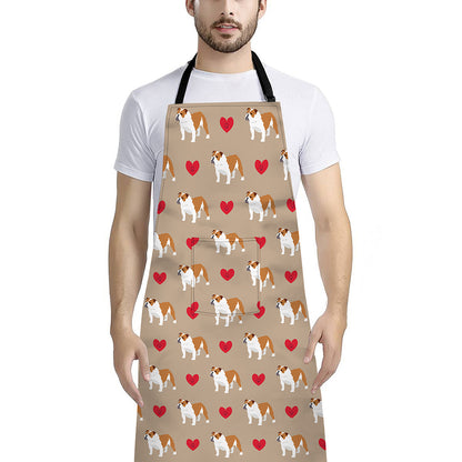 Love English Bulldog Pattern Print Bib Apron With Pocket