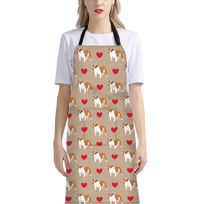 Love English Bulldog Pattern Print Bib Apron With Pocket