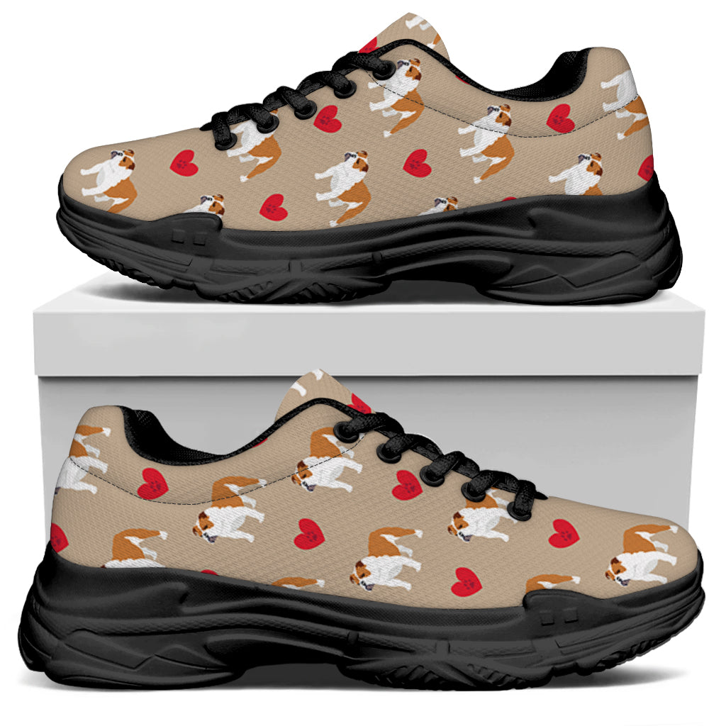 Love English Bulldog Pattern Print Black Chunky Shoes