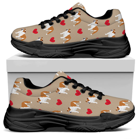 Love English Bulldog Pattern Print Black Chunky Shoes